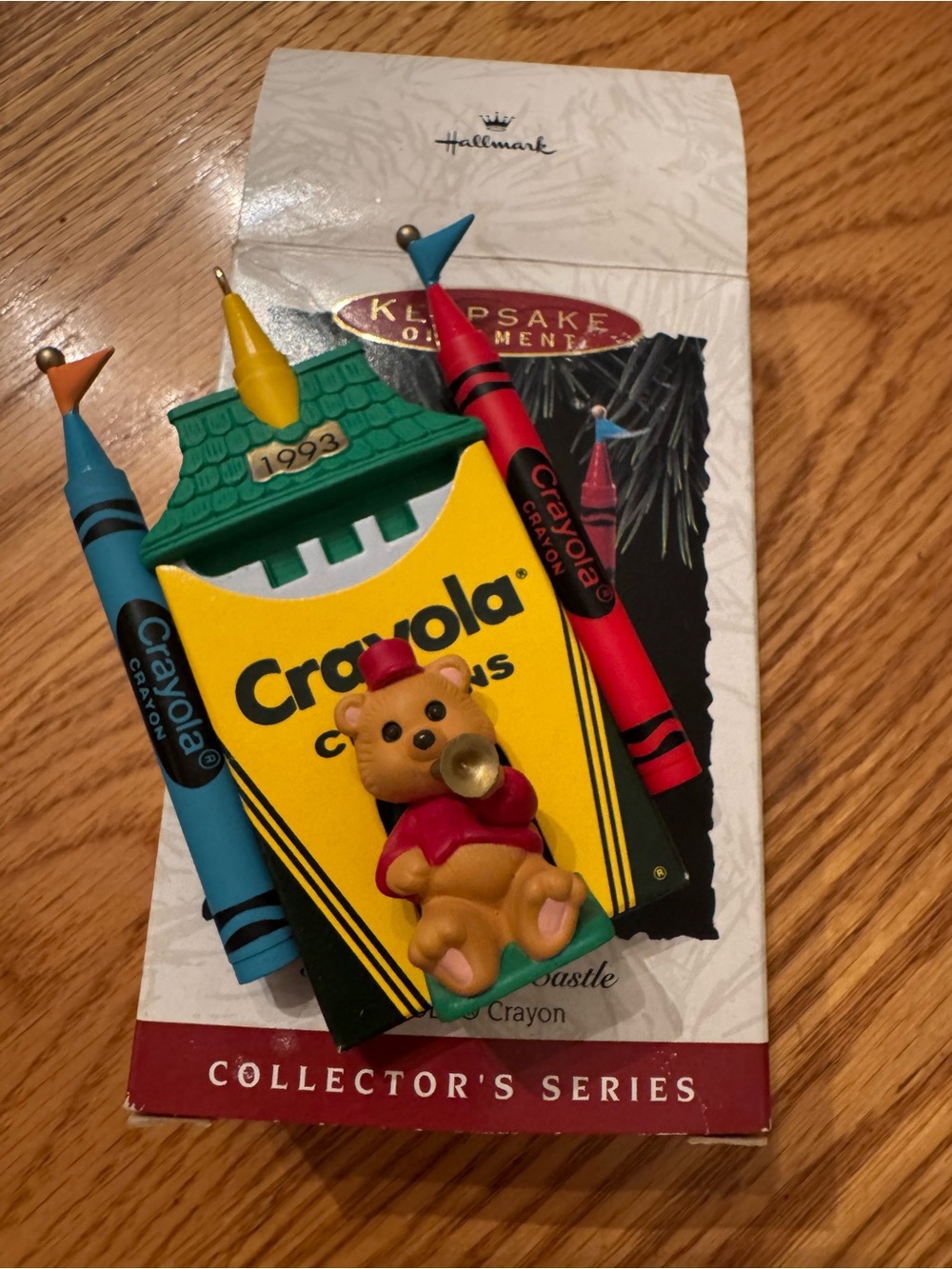 5/$30 Crayola Yellow Crayon Box Ornament with Red & Blue Crayons